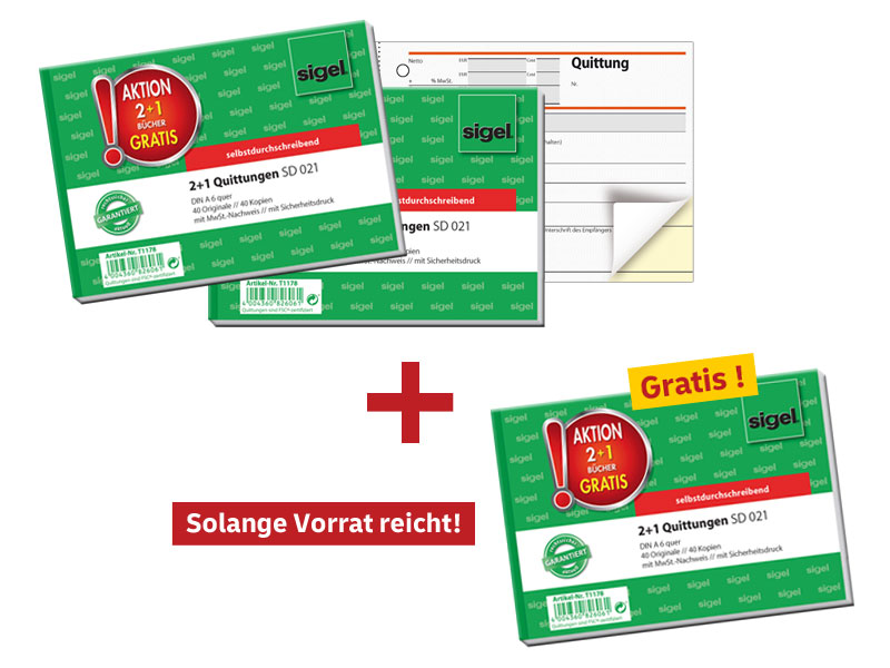 Quittungsblock Sigel SD021, A6 quer, 2 x- 40 Blatt, 2 Stck + 1 gratis