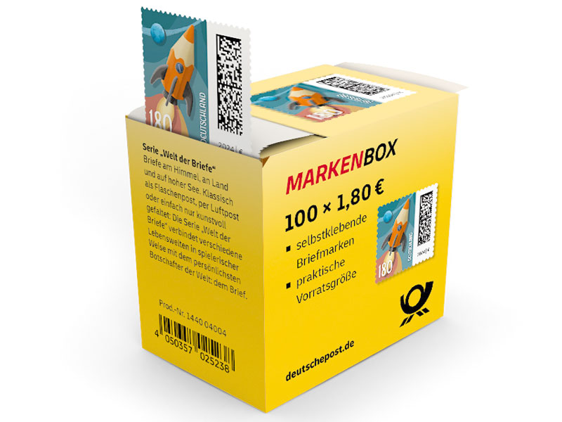 Markenbox "Raketenpost", Briefmarke zu 1,80 EUR, 100er-Box