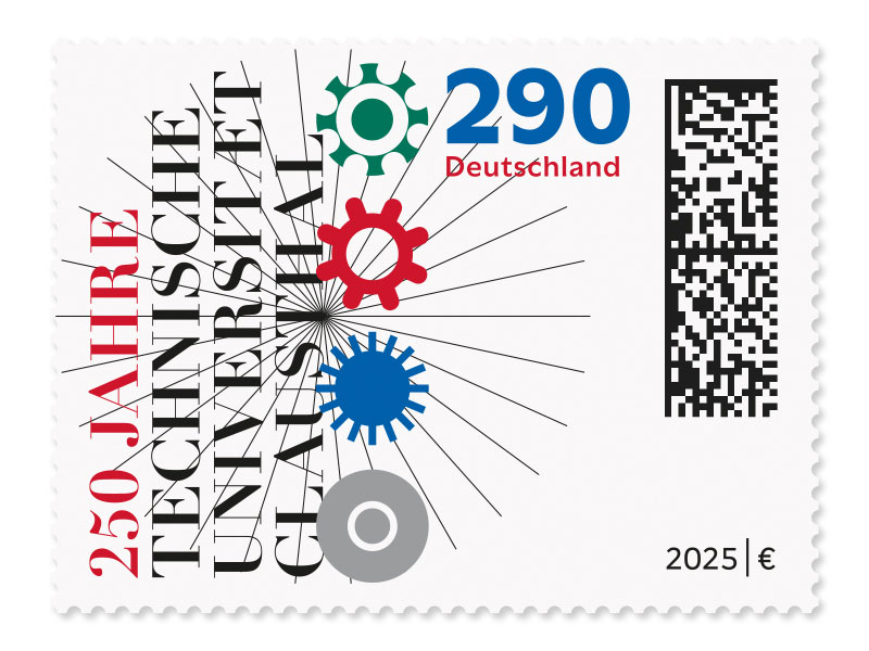 Schriftzug des Briefmarkenthemas mit strahlen   und zahnradfrmigen Symbolen.