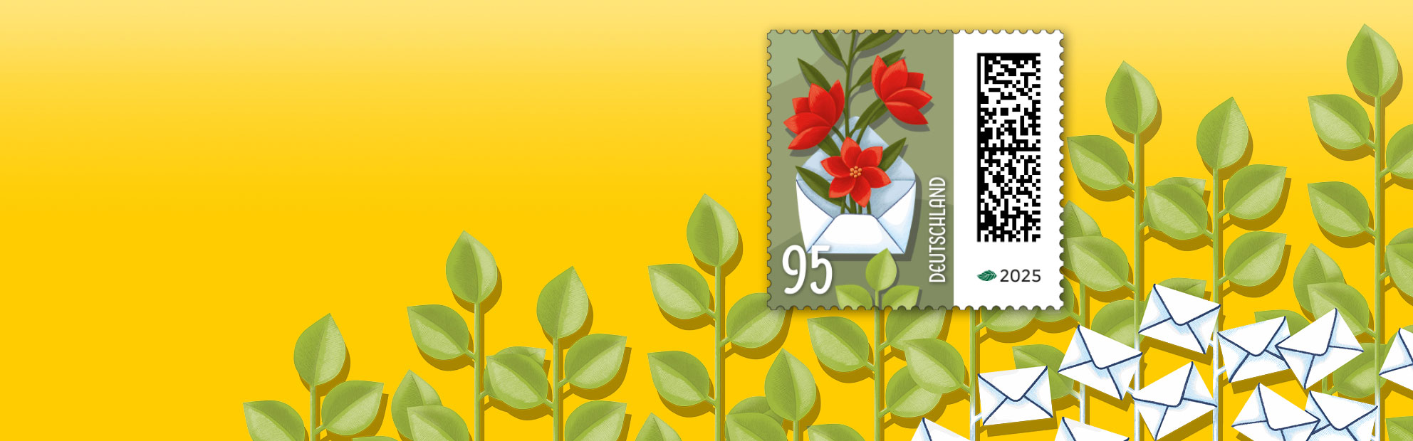 Auf der dargestellten Briefmarke wachsen aus einem Briefumschlag Blumen heraus