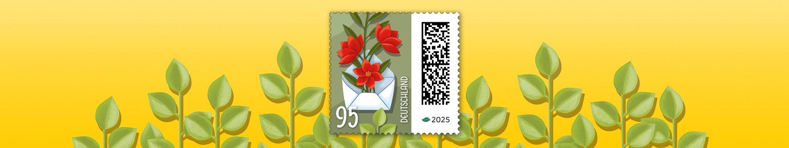 Auf der dargestellten Briefmarke wachsen aus einem Briefumschlag Blumen heraus