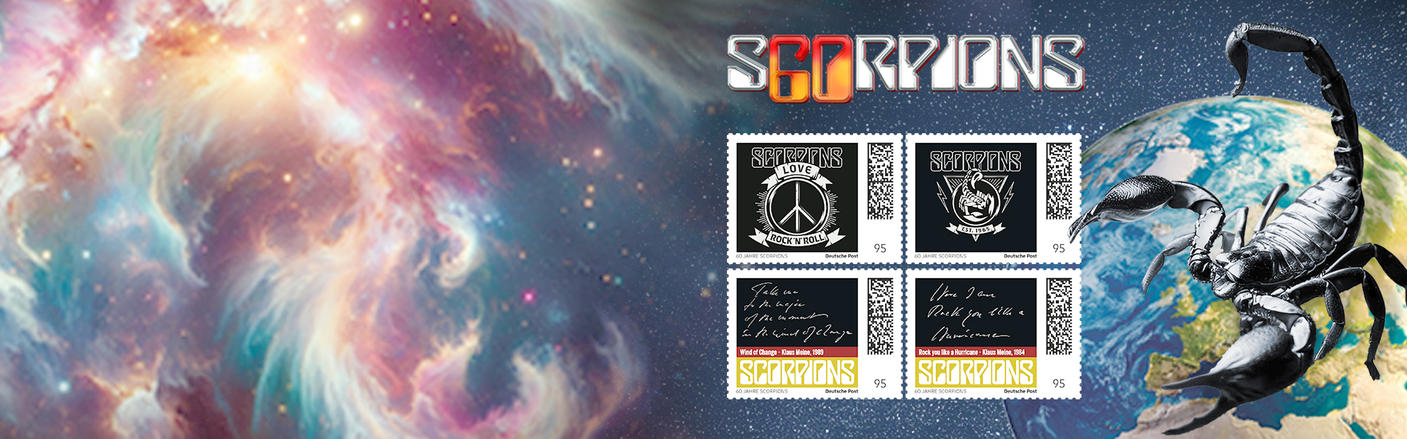 Vier Briefmarken mit Logos und Songtexten der Band Scorpions auf einer Weltkugel