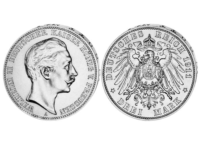 3-Mark-Silbermnze Kaiser Wilhelm II.